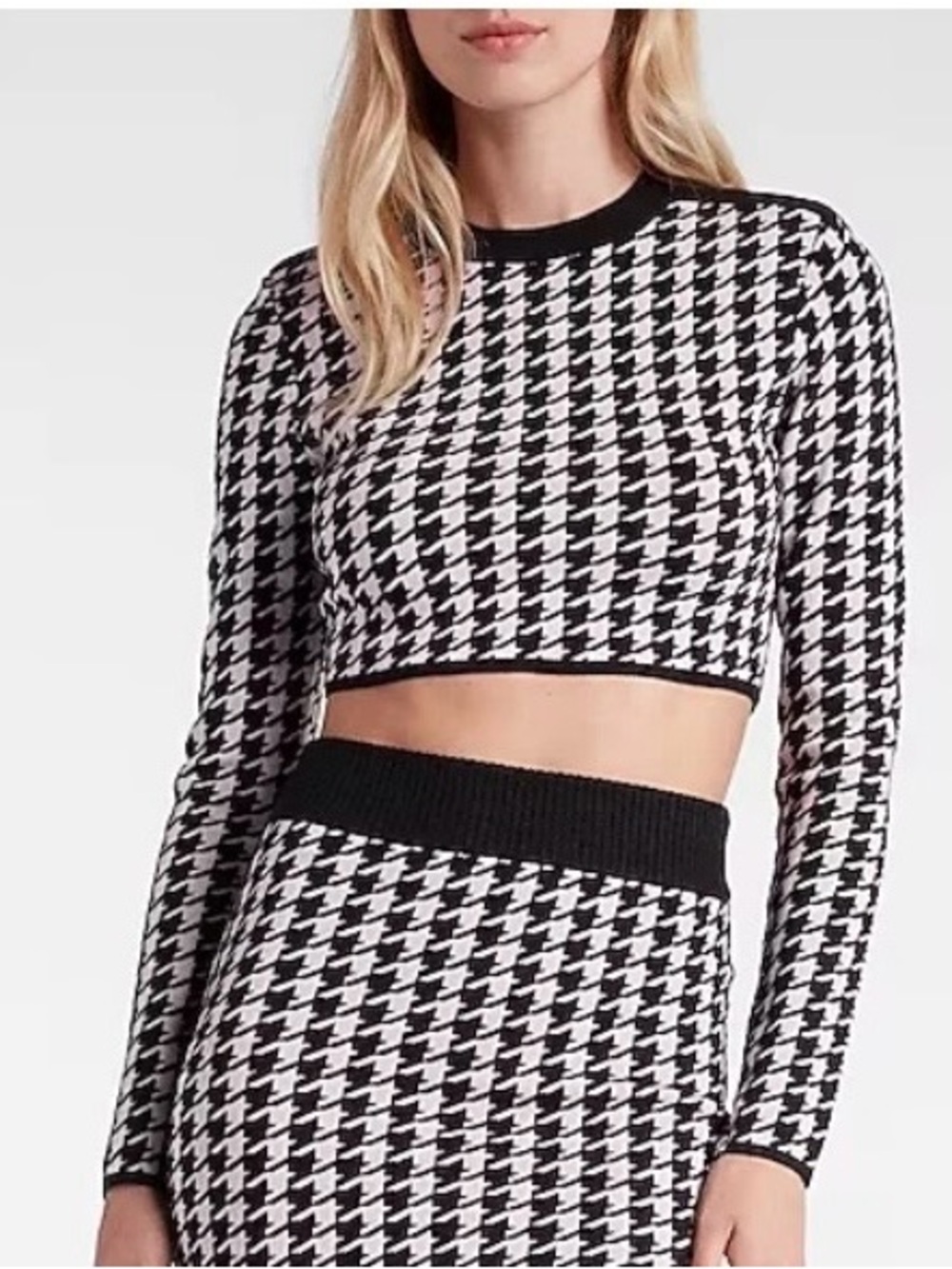 Express Black & Light Pink Houndstooth Knit Crop Top